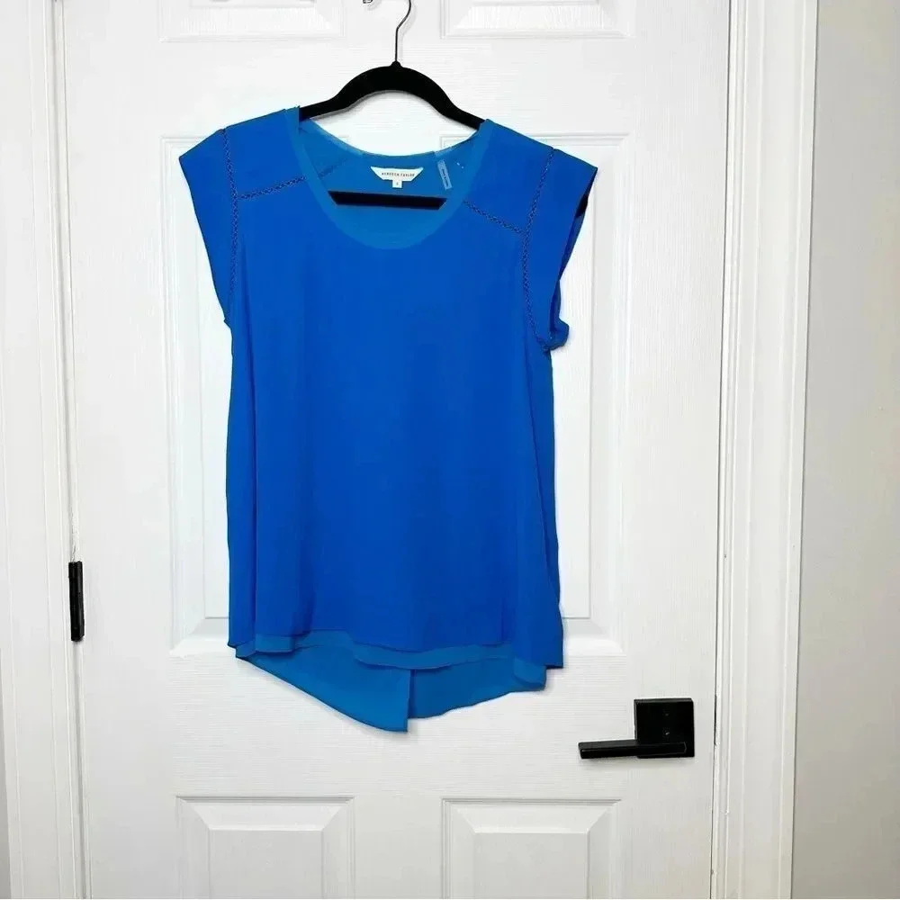 REBECCA TAYLOR Split Back Short Sleeve‎ Crepe Top Size 2 Blue Flowy